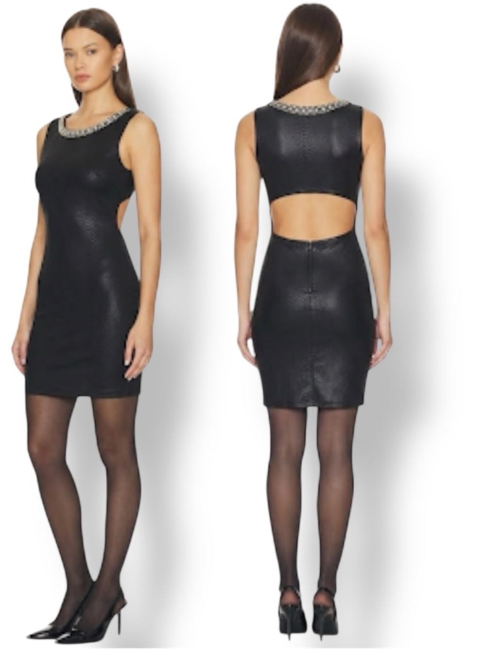 LUCY PARIS Cut Out Rhinestones Neckline Embellished Snakeskin  Textured Dress M